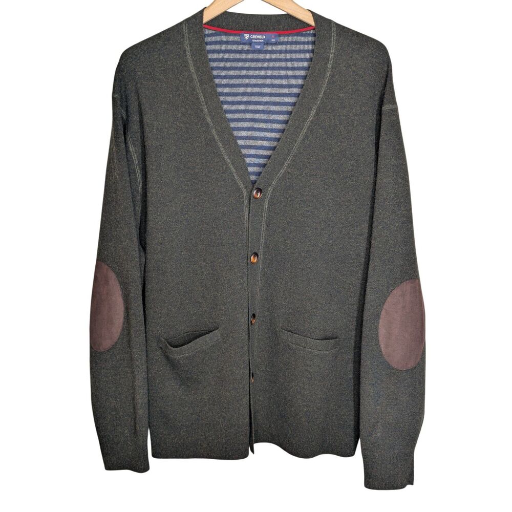 Cremieux Lambswool Grandpa Cardigan Men's XL Green Blue Gray Stripe Elbow Patch